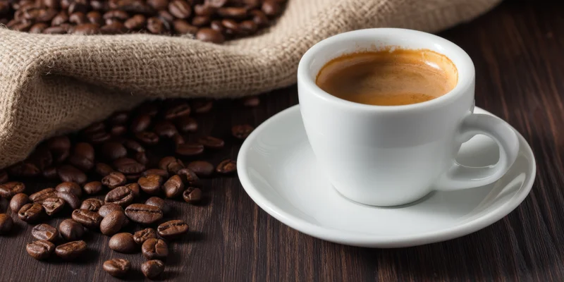 White ceramic espresso cup with crema on saucer beside scattered coffee beans on dark wooden table