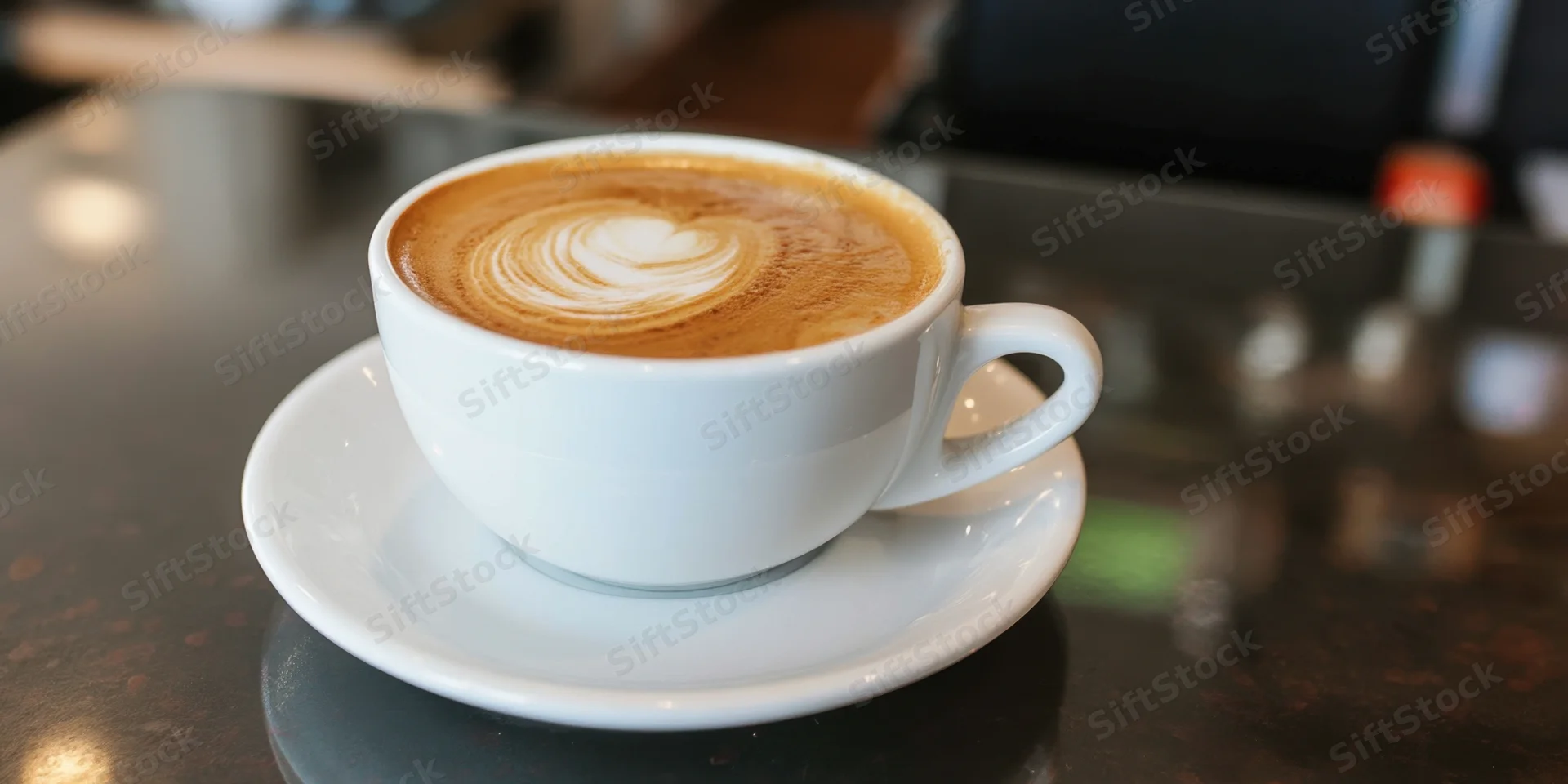 White ceramic latte cup with heart latte art on saucer on dark reflective countertop in cafe
