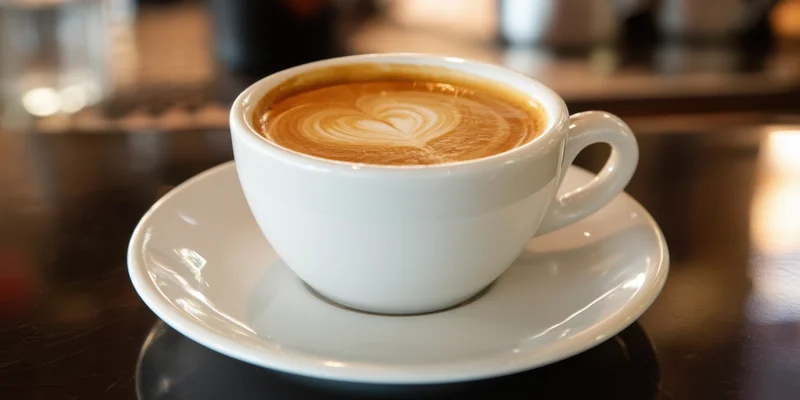 White ceramic latte cup with heart latte art on saucer on dark wooden table in cafe