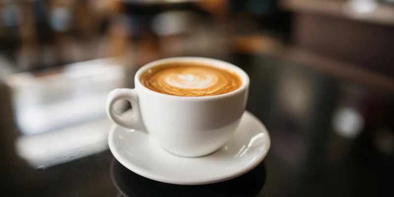 White ceramic latte cup with heart latte art on saucer on glossy black table in cafe