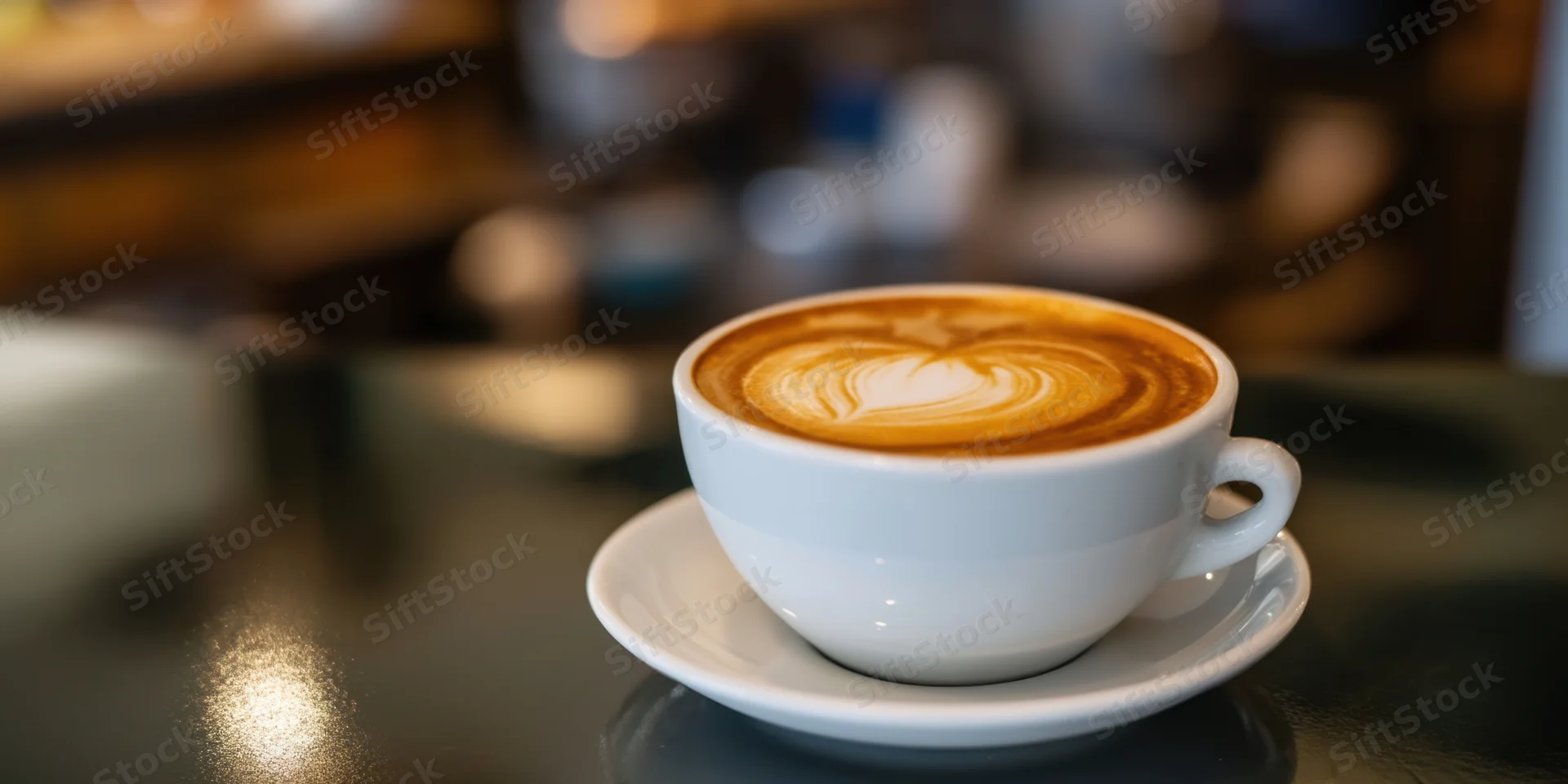 White ceramic latte cup with heart latte art on a glossy table in a cafe