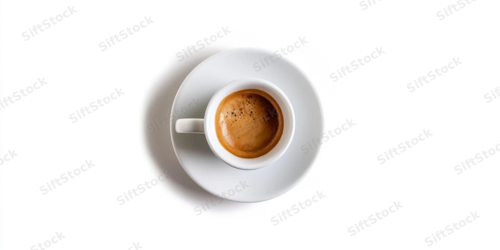 White porcelain espresso cup with rich crema on saucer against white background