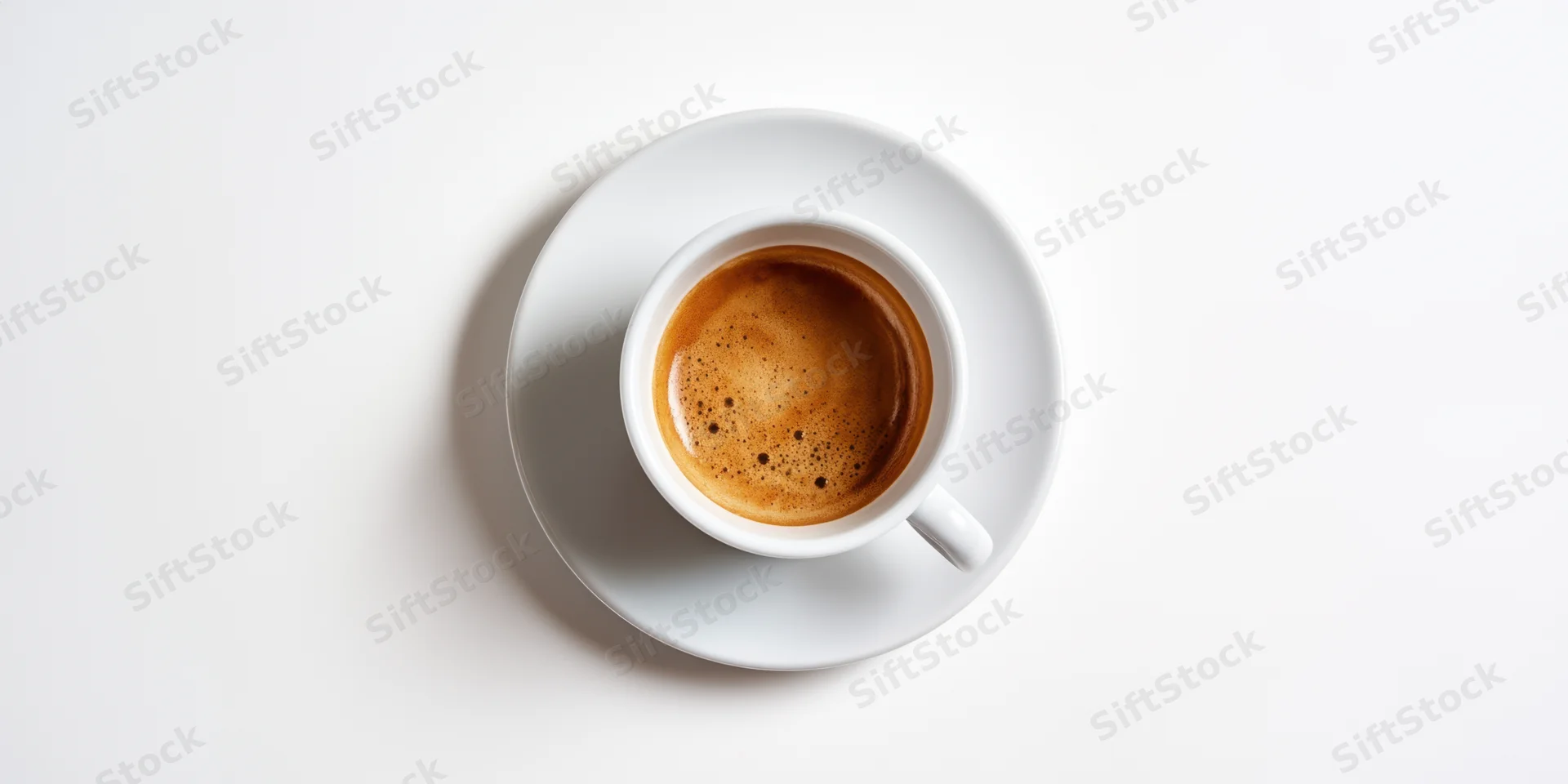 White porcelain espresso cup with rich crema on saucer, overhead view on white surface