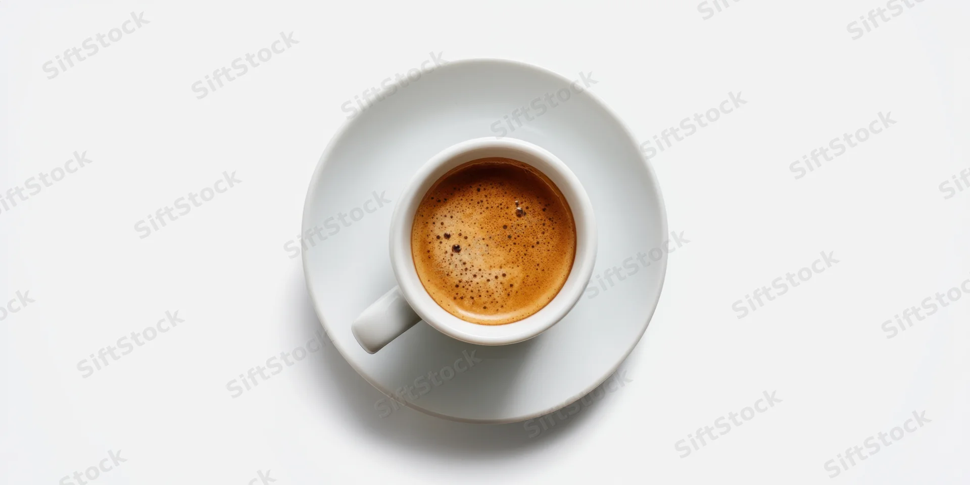 White porcelain espresso cup with rich crema on saucer, overhead view against white background