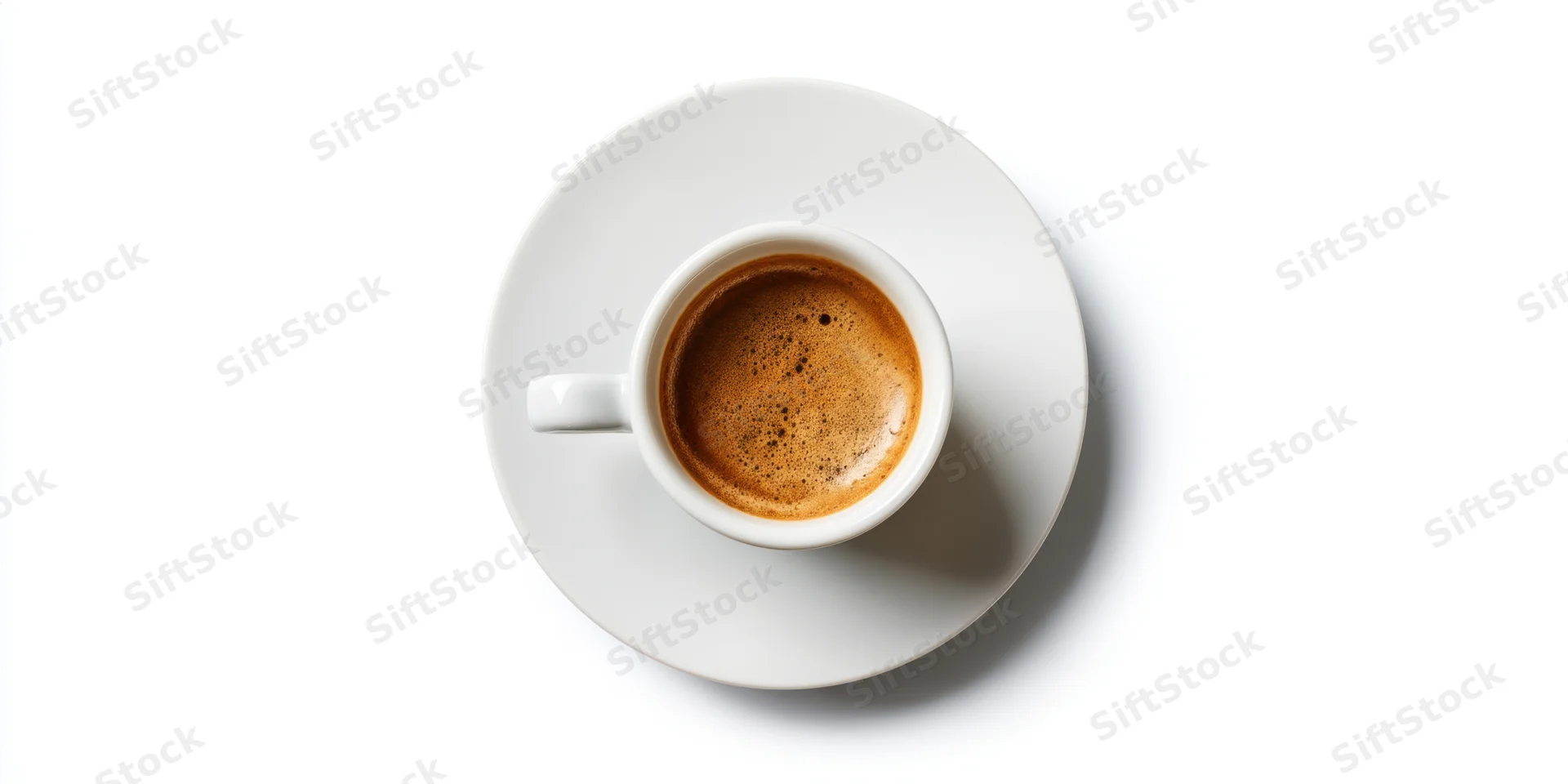 White porcelain espresso cup with rich crema on saucer, overhead view, isolated on white background