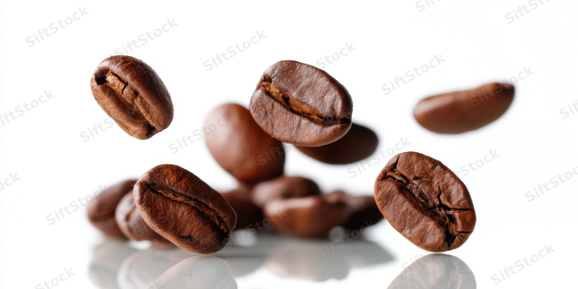 Roasted coffee beans suspended in midair against a white reflective surface