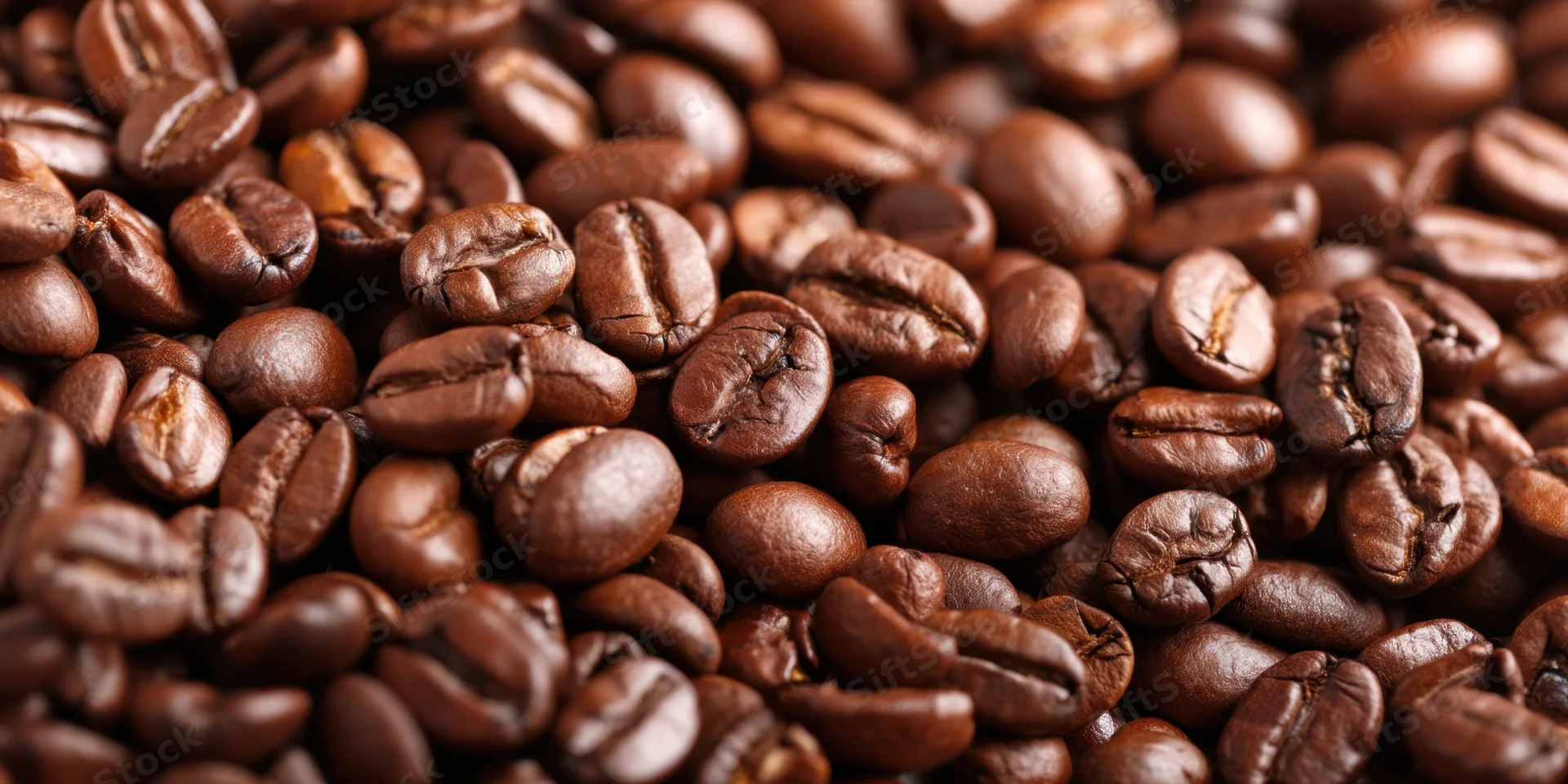 Roasted coffee beans densely scattered across the frame in closeup view
