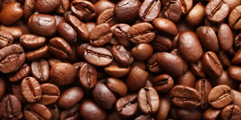Roasted coffee beans densely scattered across the frame in closeup view