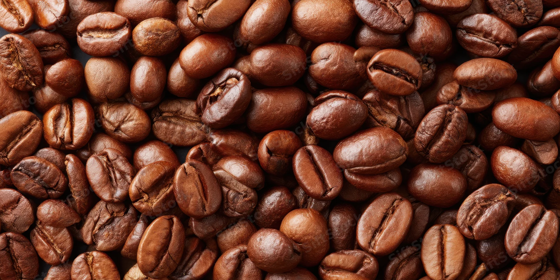 Roasted coffee beans densely scattered across the frame in closeup view