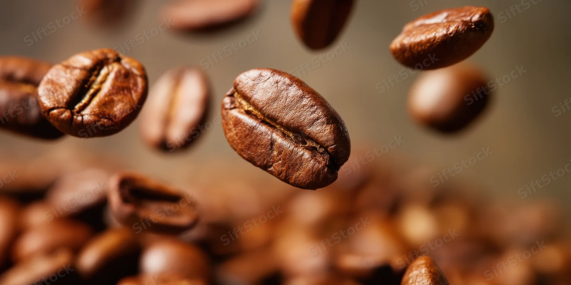Roasted coffee beans floating in midair in close-up macro view