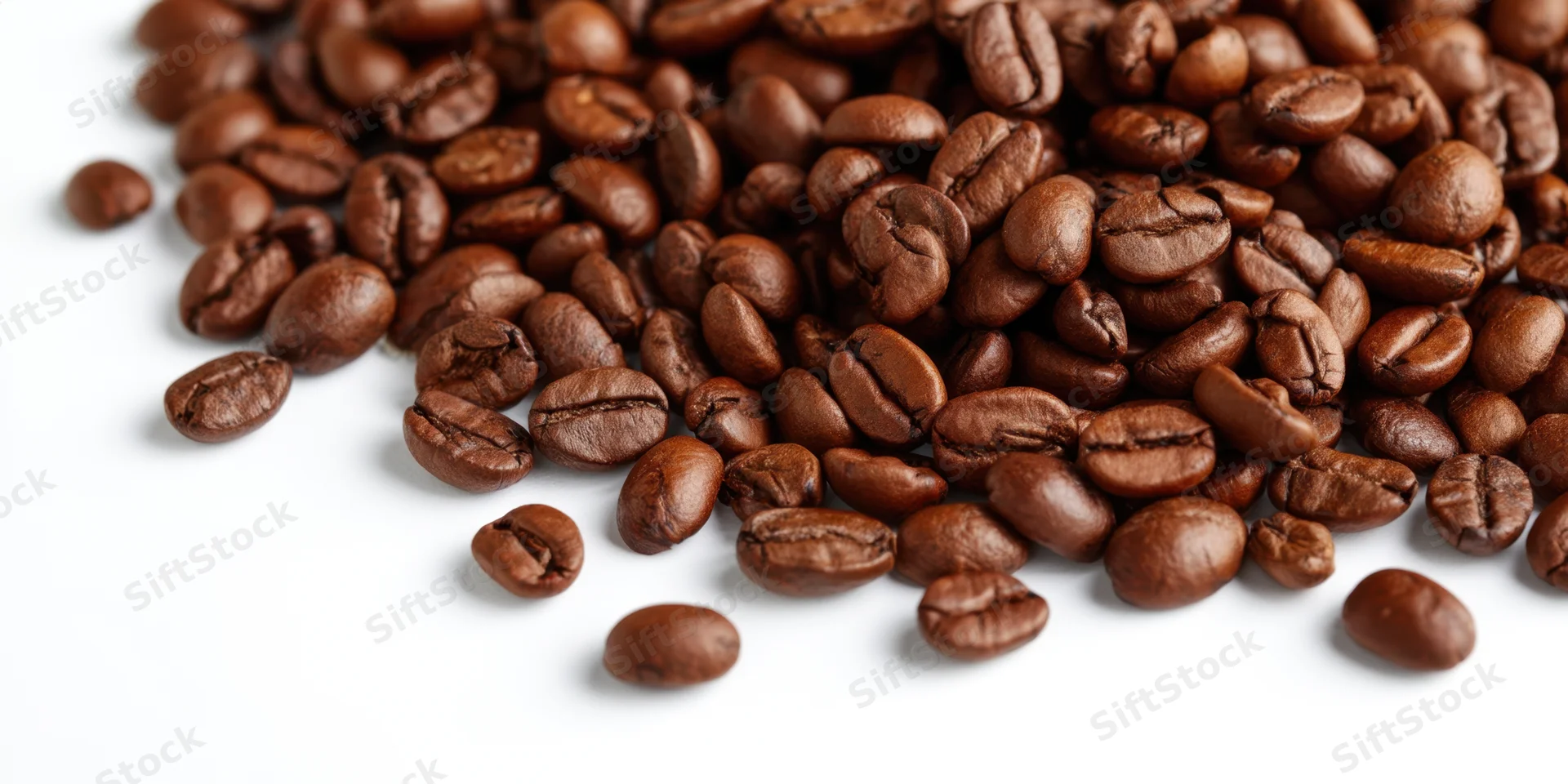 Roasted coffee beans scattered across a clean white background