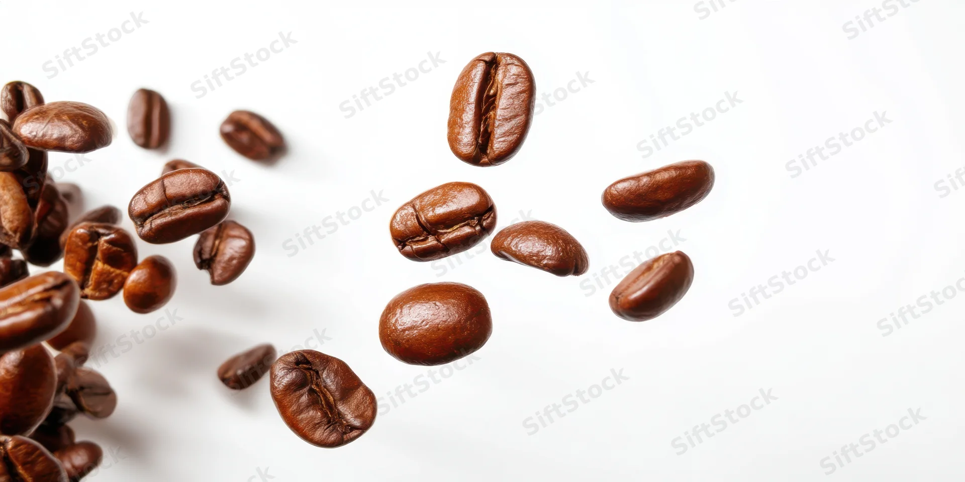 Roasted coffee beans suspended in midair against a white background