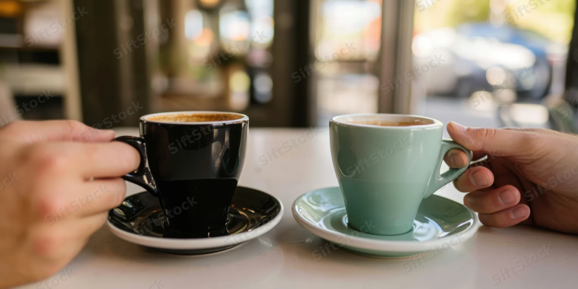 Two hands holding coffee cups on a cafe table during a conversation