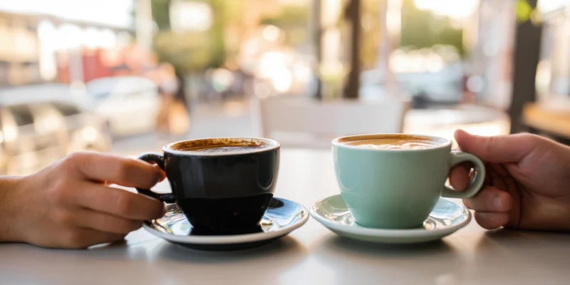 Two hands holding coffee cups on a cafe table during daylight