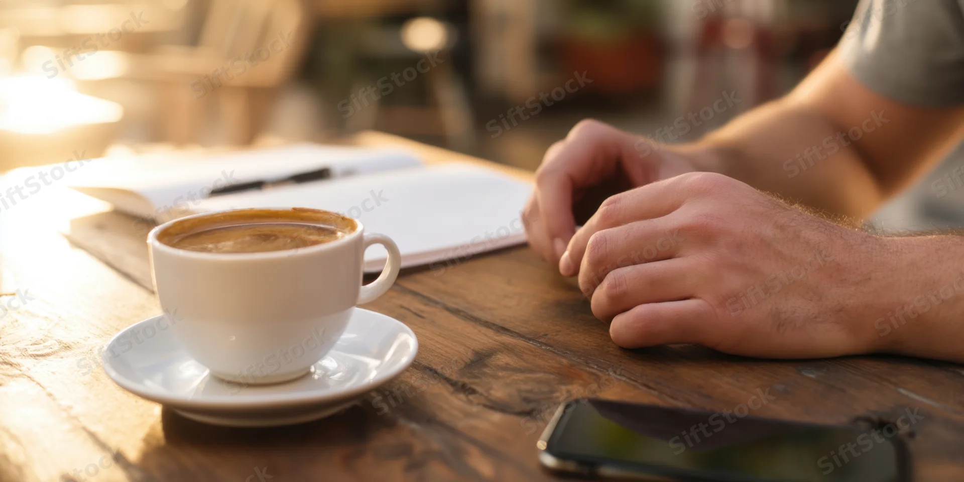 Hands resting on wooden table beside coffee cup and notebook in cafe setting