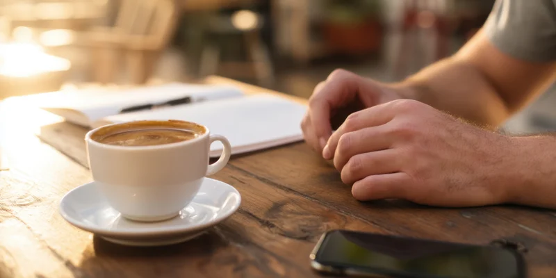 Hands resting on wooden table beside coffee cup and notebook in cafe setting