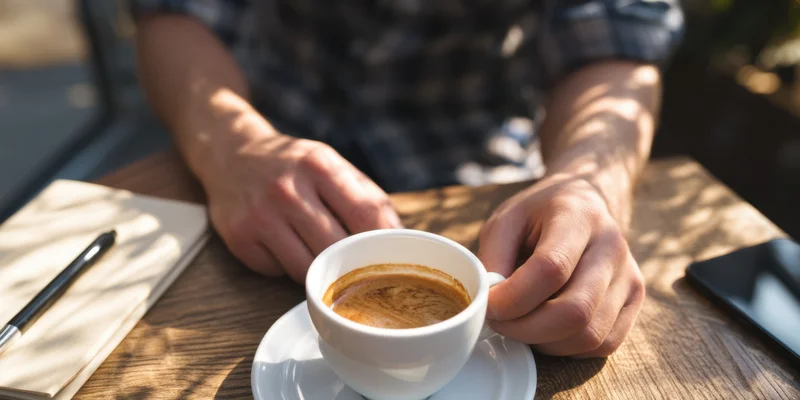 Hands resting on a wooden table beside a coffee cup with notebook and smartphone nearby