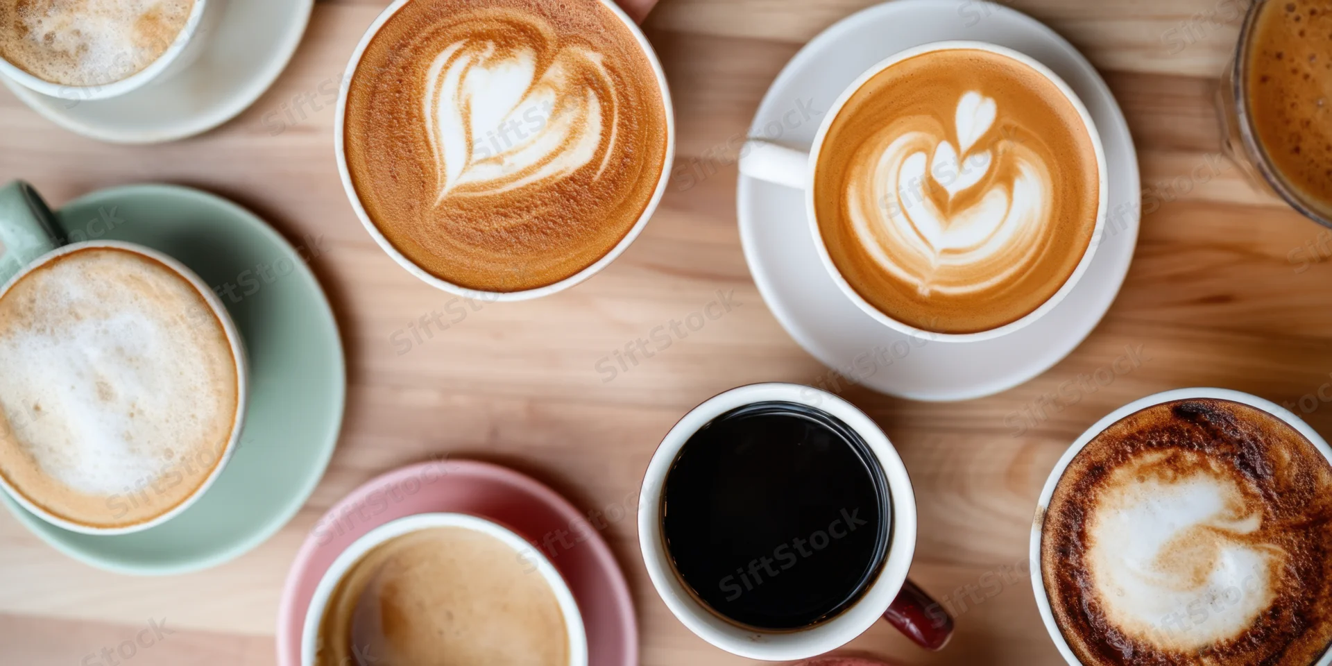 Top-down view of multiple coffee cups with latte art on a light wooden table