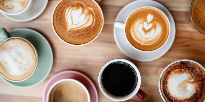 Top-down view of multiple coffee cups with latte art on a light wooden table