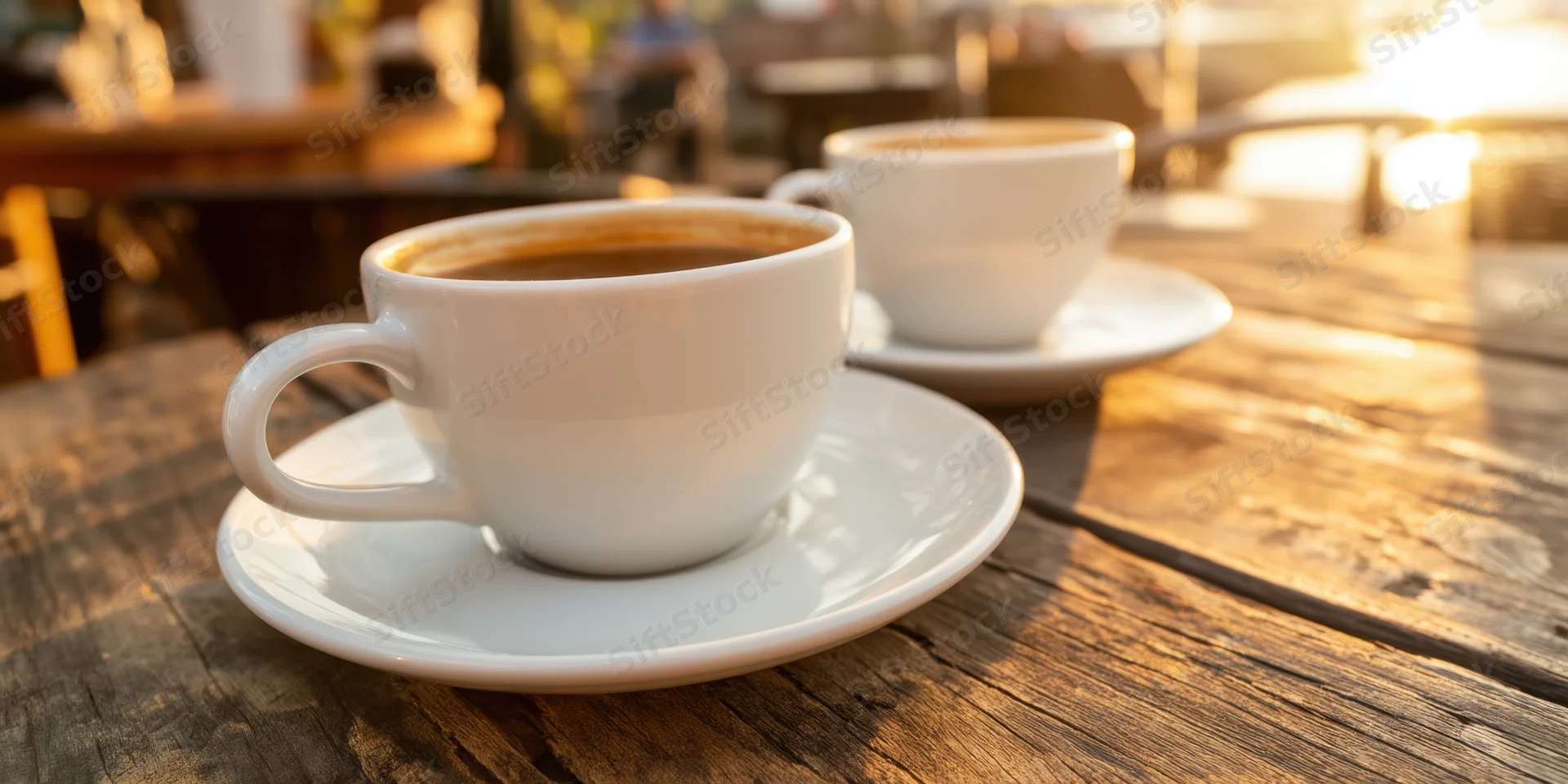 Two white coffee cups on saucers resting on a weathered wooden table outdoors in warm sunlight