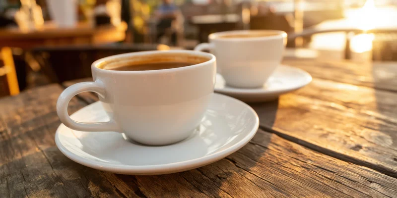 Two white coffee cups on saucers resting on a weathered wooden table outdoors in warm sunlight