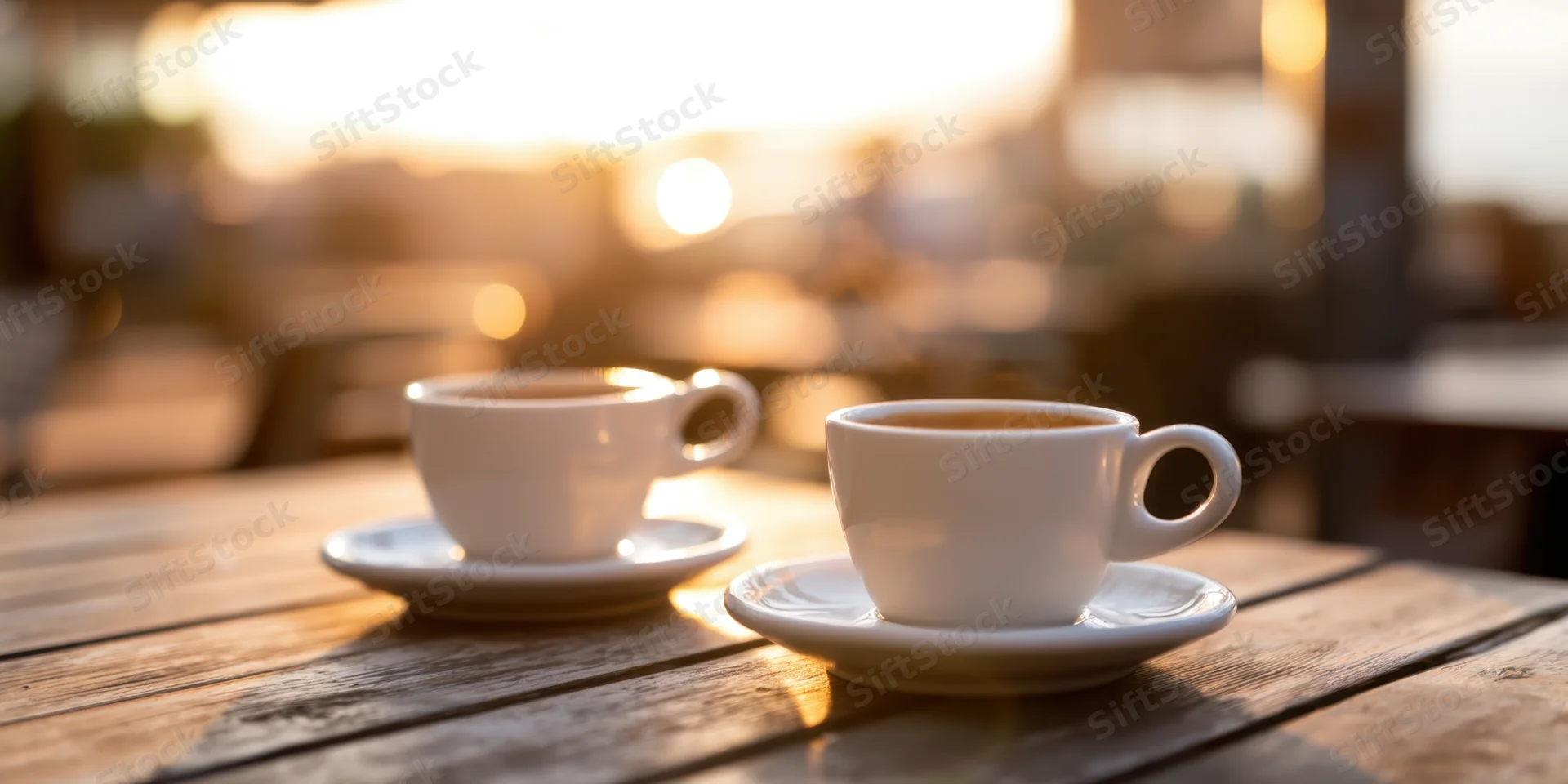 Two white coffee cups on saucers resting on a weathered wooden table at sunset