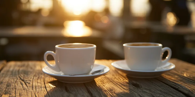 Two white coffee cups on saucers resting side by side on a weathered wooden table at sunrise