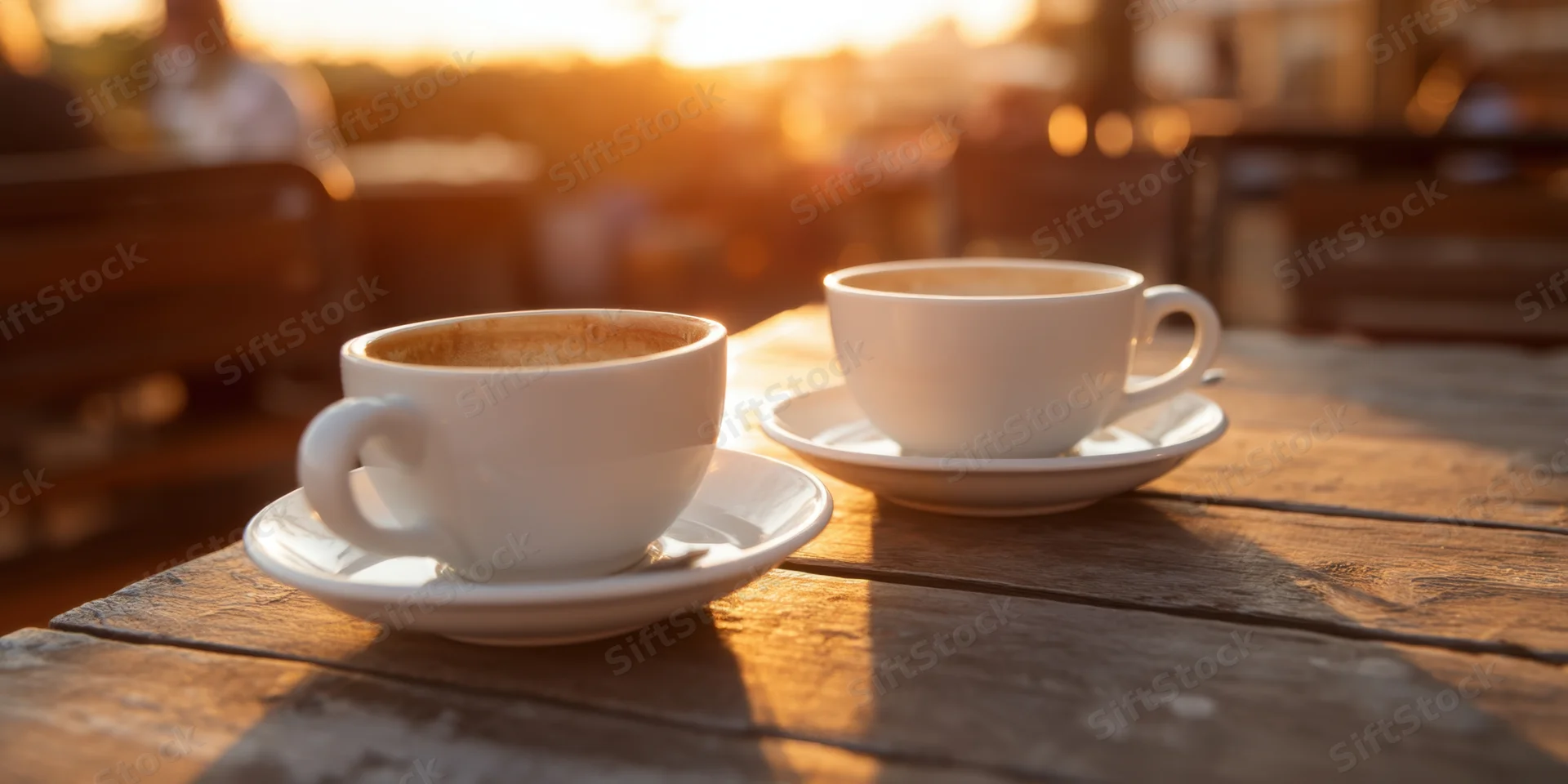 Two white coffee cups on saucers on a weathered wooden table outdoors at sunrise