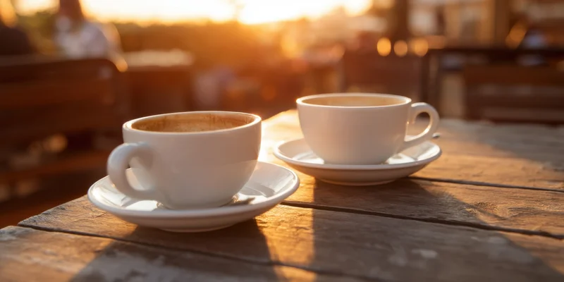 Two white coffee cups on saucers on a weathered wooden table outdoors at sunrise