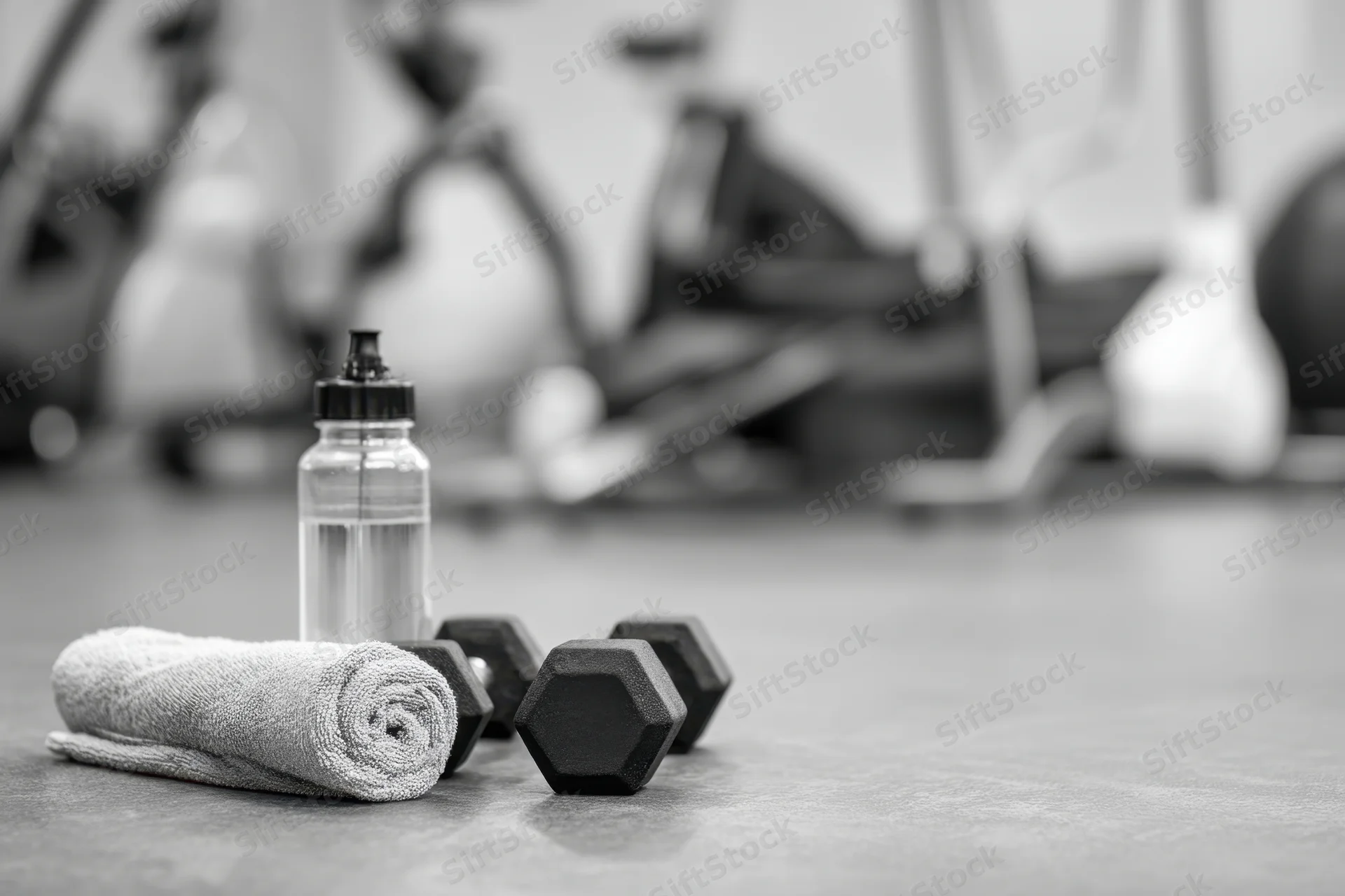 Dumbbells and water bottle with rolled towel on gym floor near exercise bikes