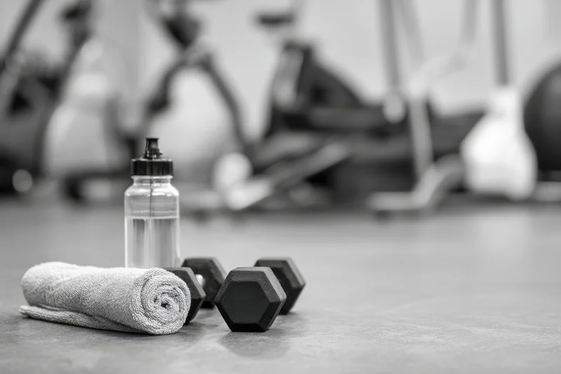 Dumbbells and water bottle with rolled towel on gym floor near exercise bikes