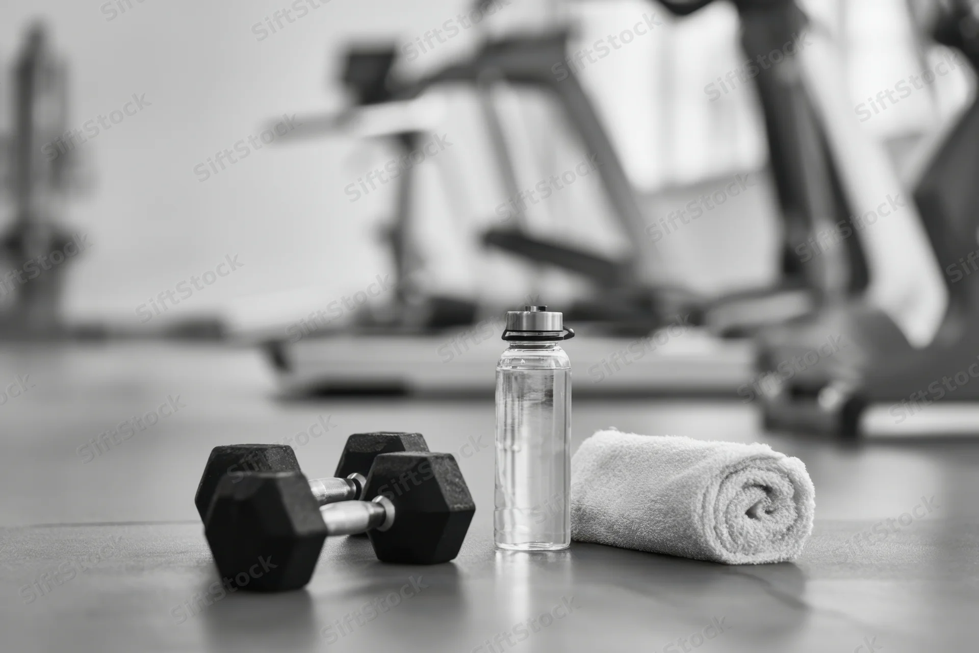 Dumbbells and water bottle with towel on gym floor near cardio machines