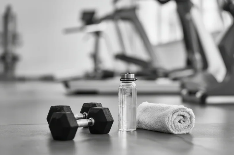 Dumbbells and water bottle with towel on gym floor near cardio machines