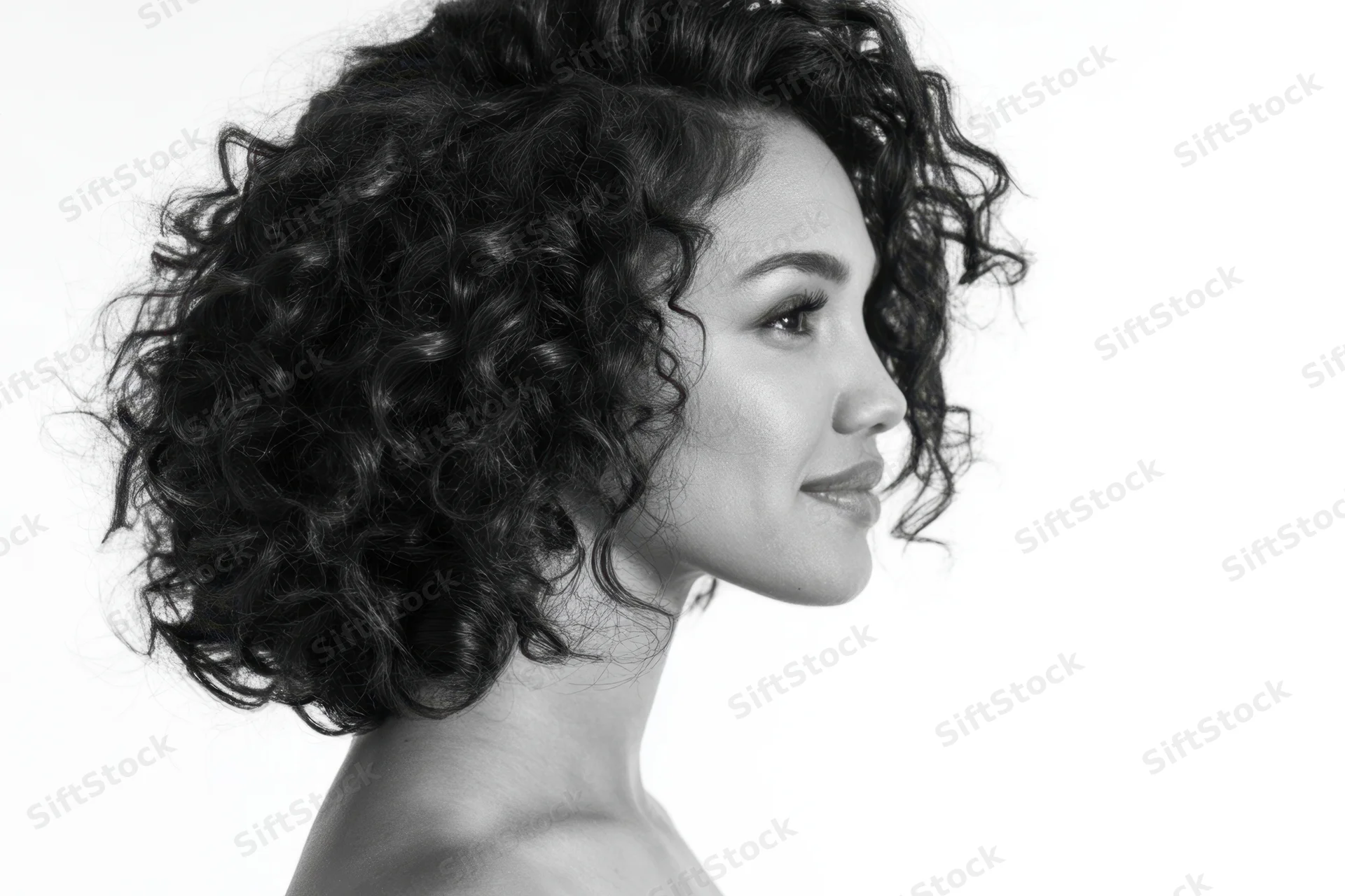 Woman in profile with voluminous curly hair against white background smiling slightly