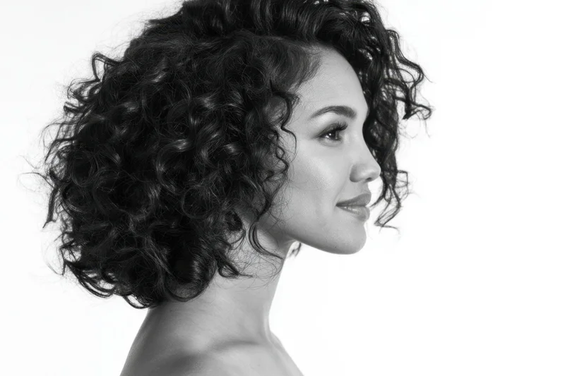 Woman in profile with voluminous curly hair against white background smiling slightly