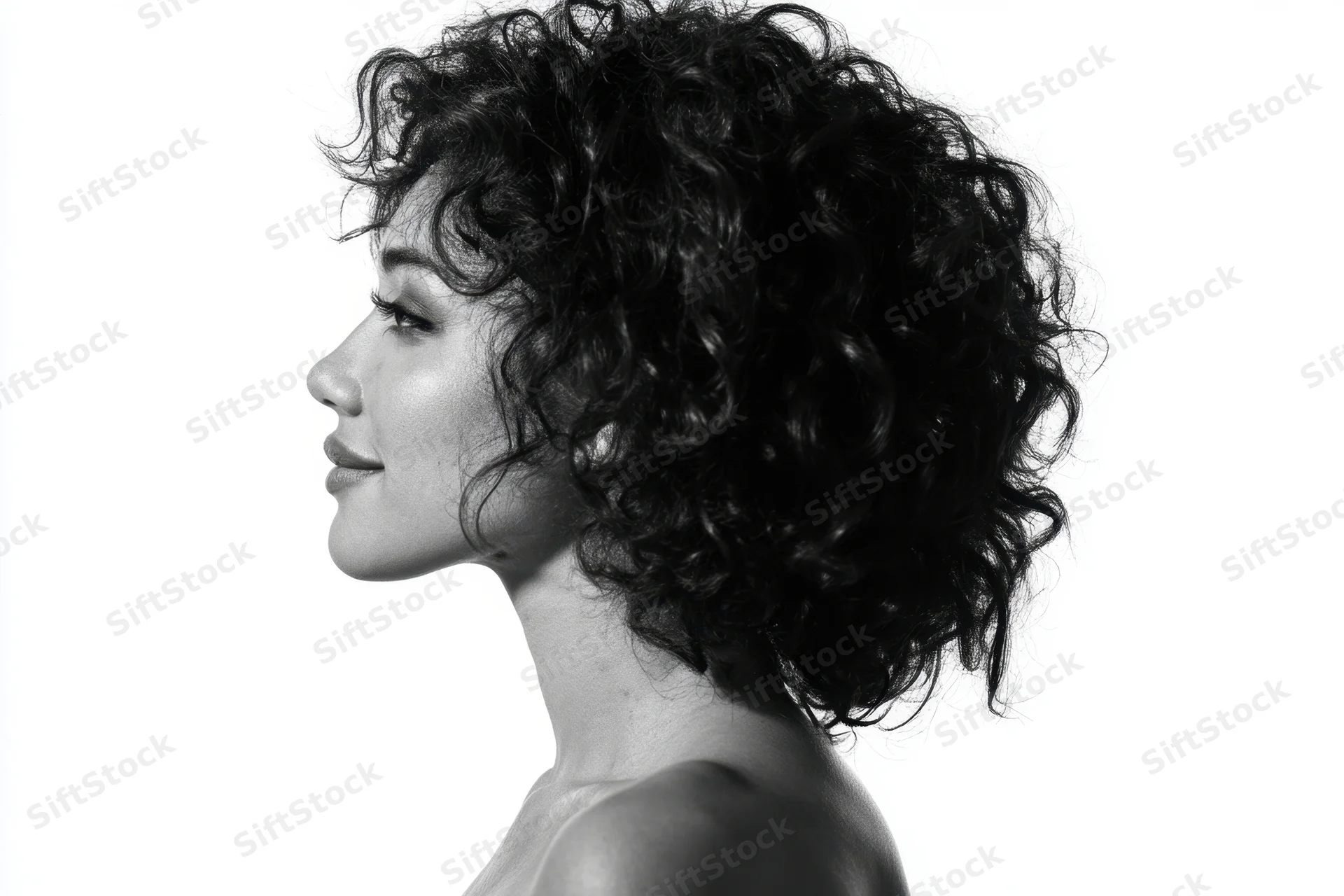 Woman in profile with voluminous curly hair against white background