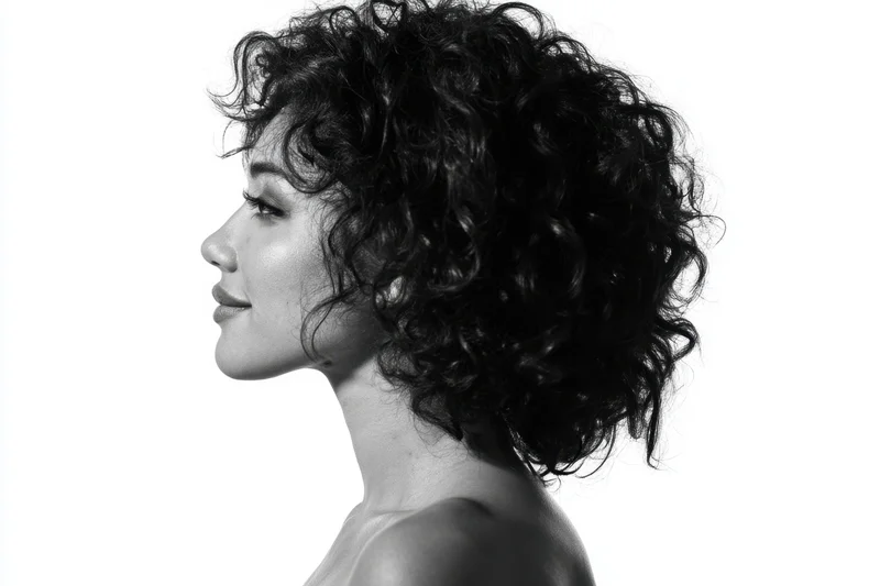 Woman in profile with voluminous curly hair against white background