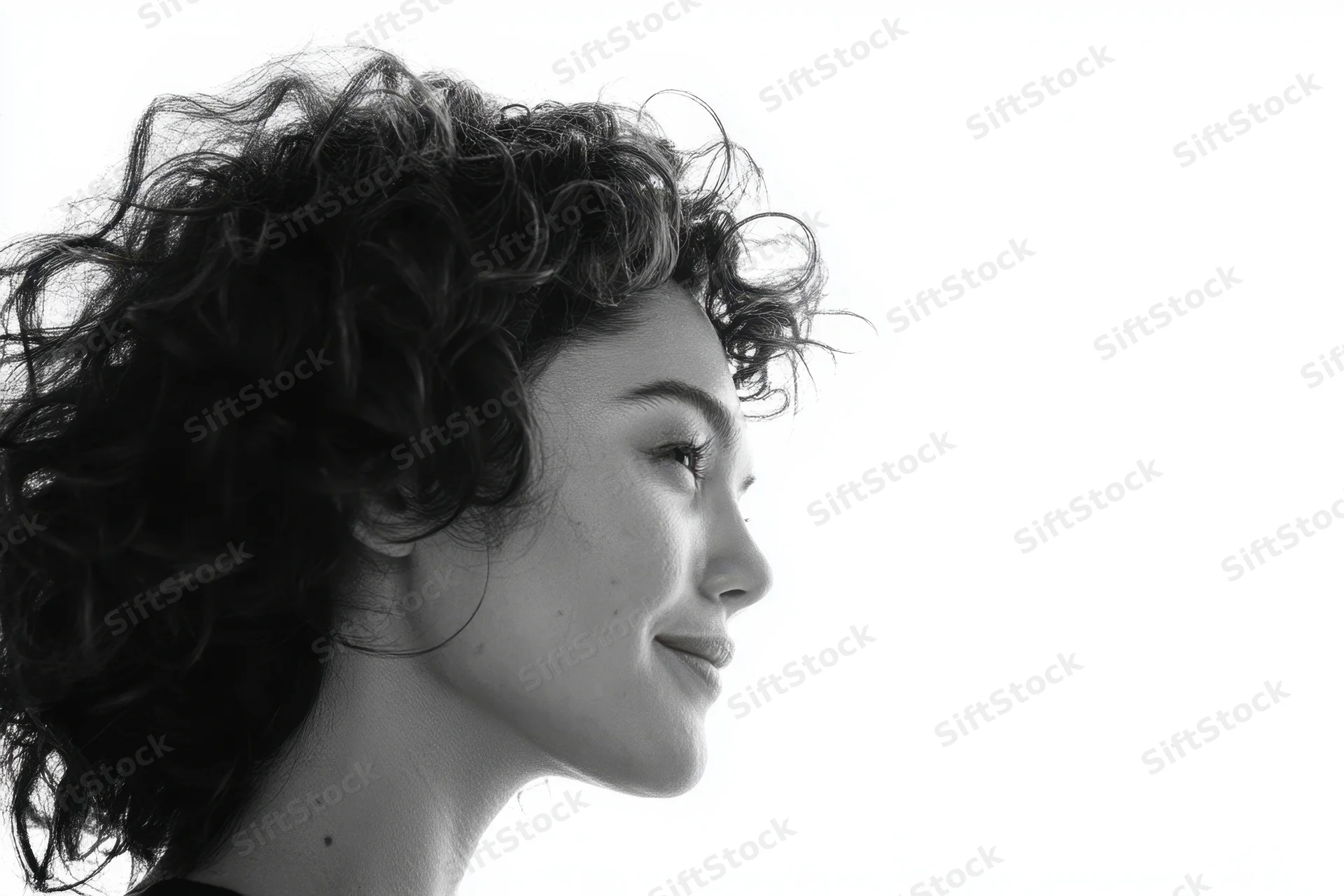 Woman in profile with voluminous curly hair against white background