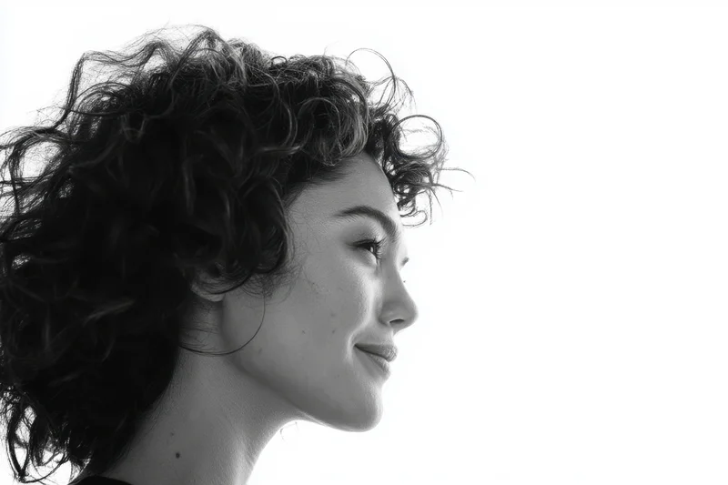 Woman in profile with voluminous curly hair against white background