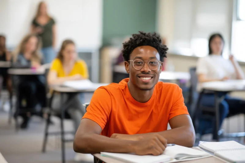 Smiling young african male student in orange tshirt sitting at desk in classroom with peers and teacher in background