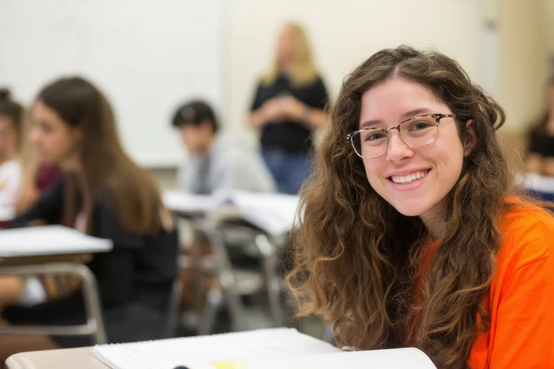 Smiling student with glasses sitting at desk in classroom