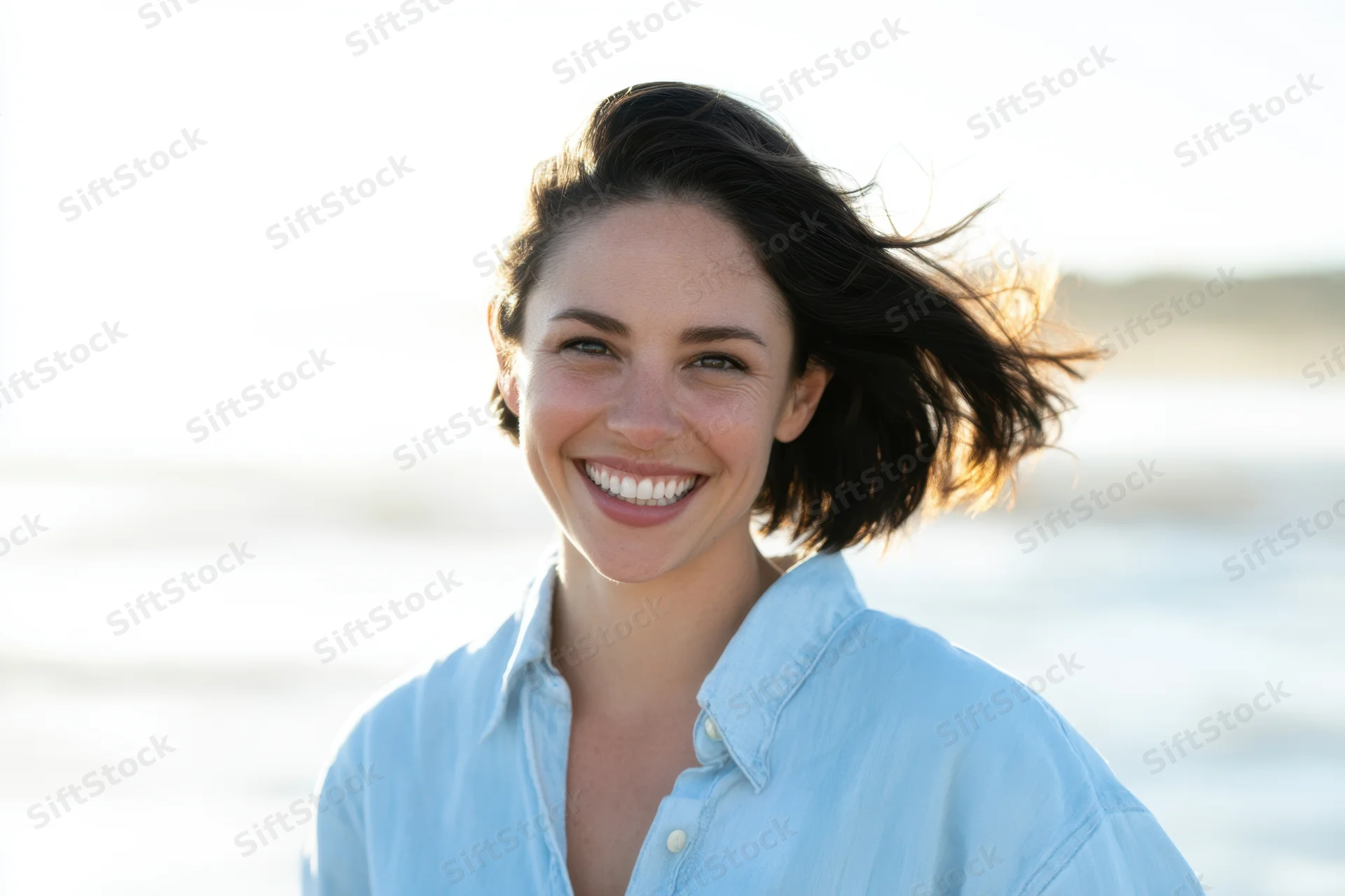 Smiling woman with short dark hair in wind at beach wearing light blue shirt