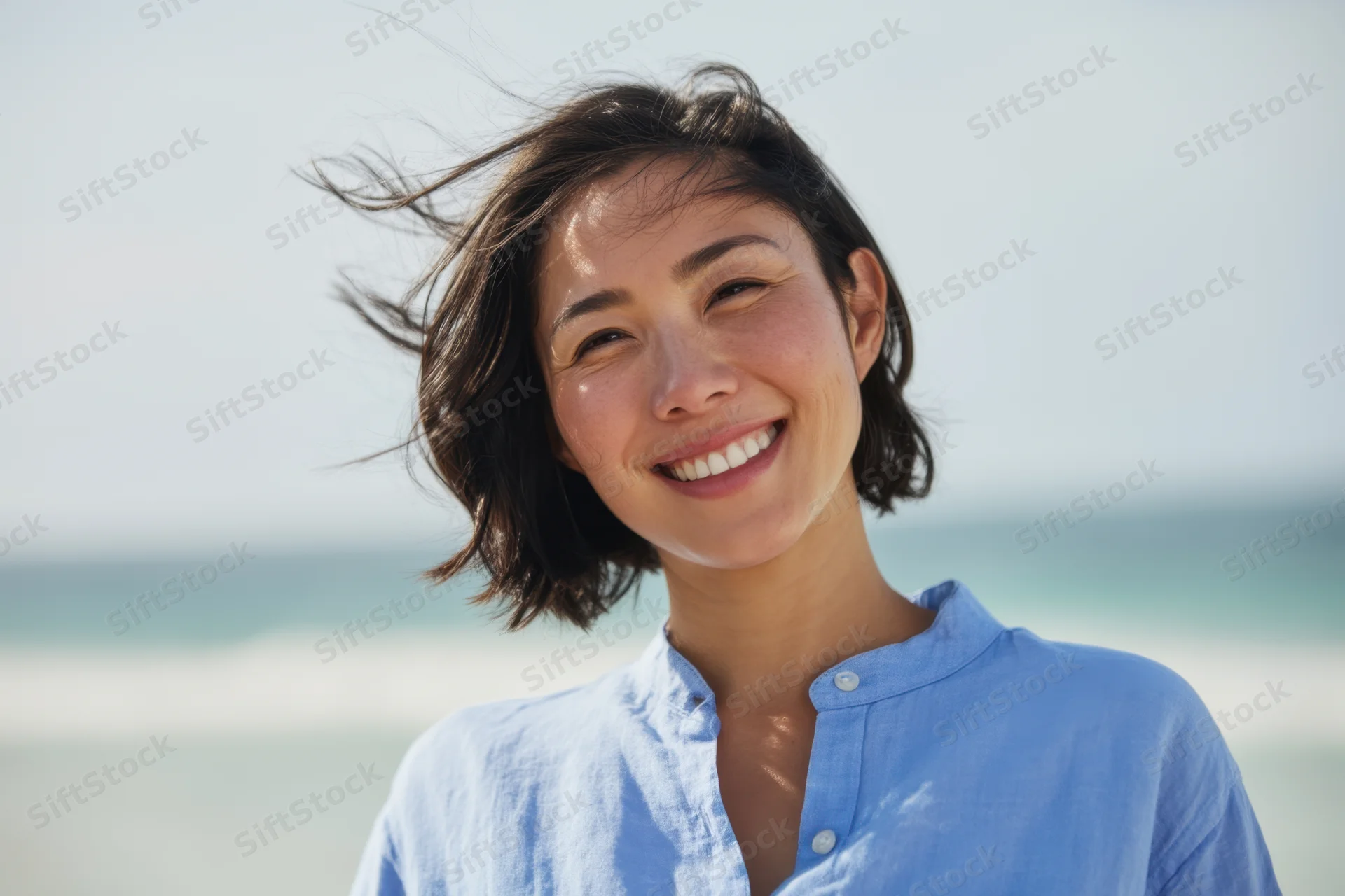 Smiling woman with short dark hair in wind at beach