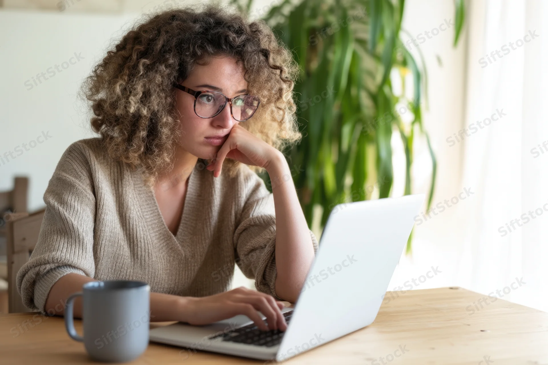 Woman working on laptop at home office desk with mug and plant nearby