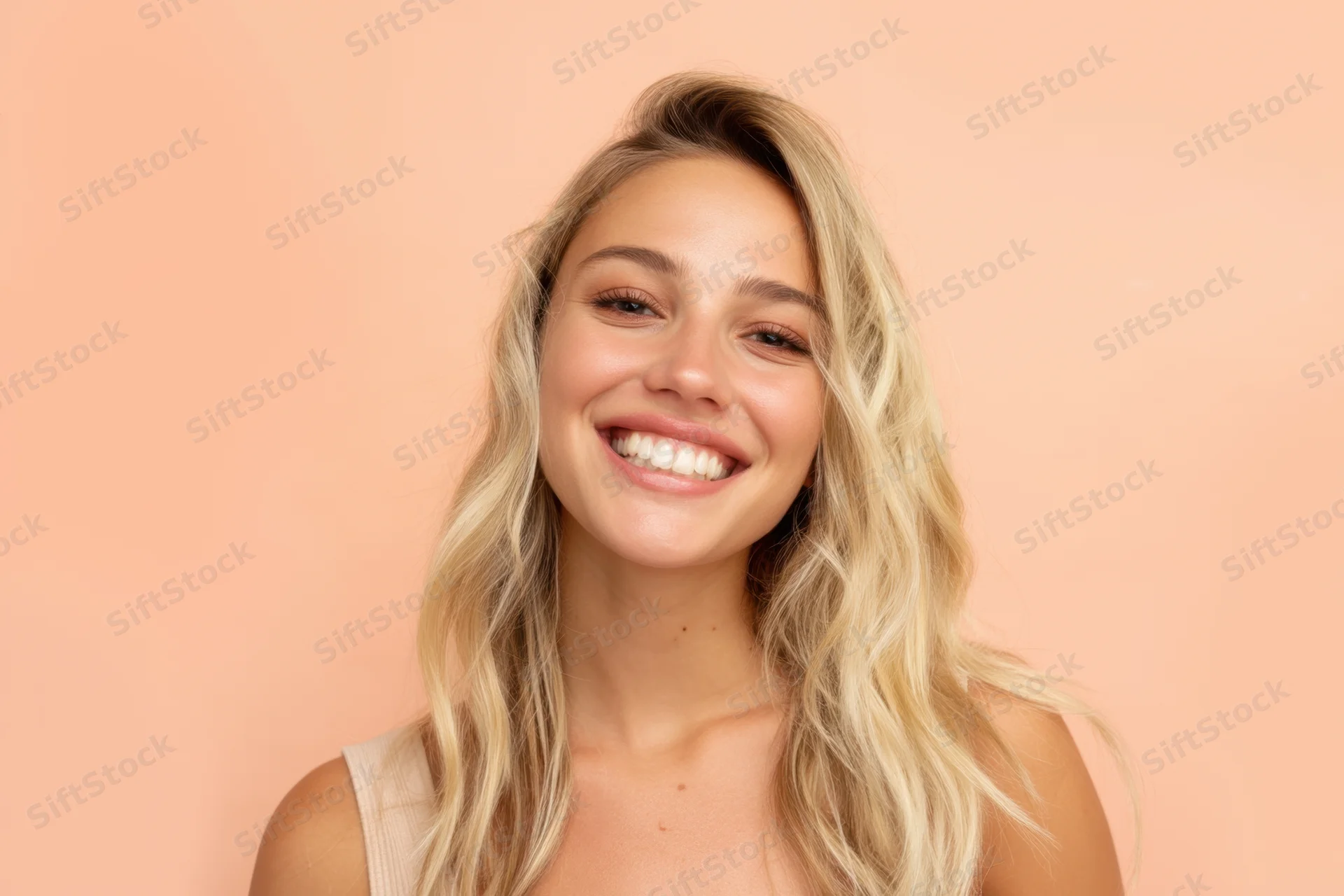 Blonde woman smiling with long wavy hair against peach background