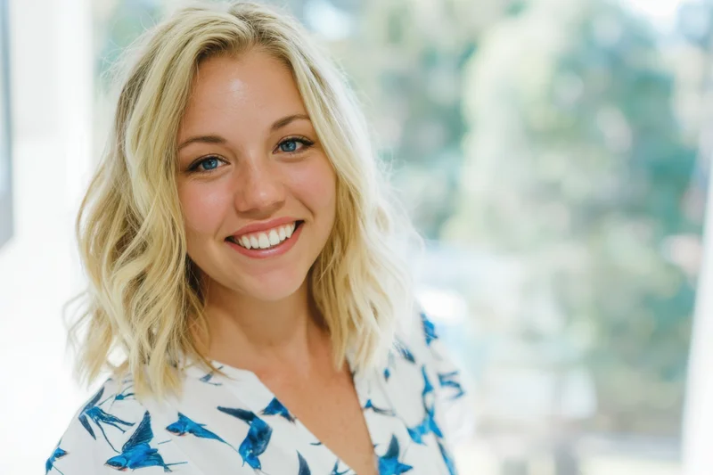 Smiling blonde woman in a blue bird-patterned blouse indoors near a window