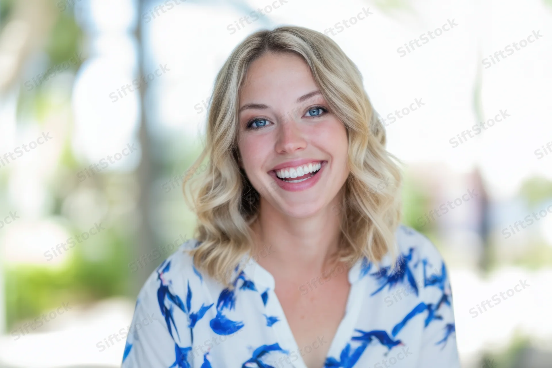 Smiling blonde woman in white blouse with blue bird pattern outdoors in natural light