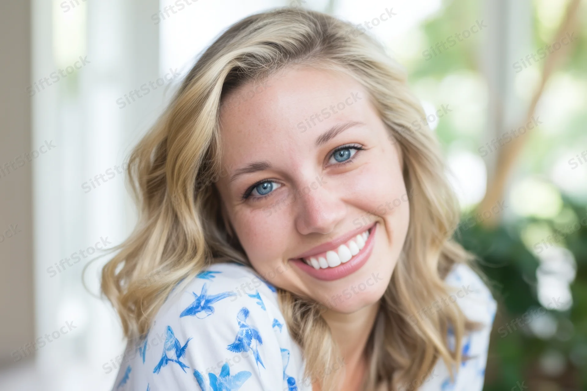 Blonde woman smiling with wavy hair in a floral shirt indoors near greenery