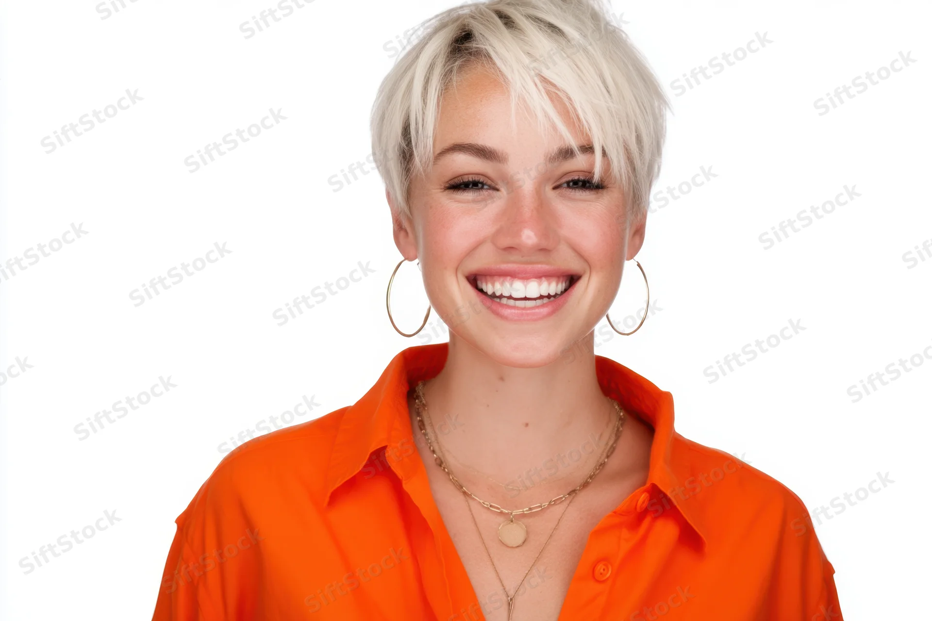 Smiling woman with short platinum blonde hair wearing orange shirt and gold jewelry against white background