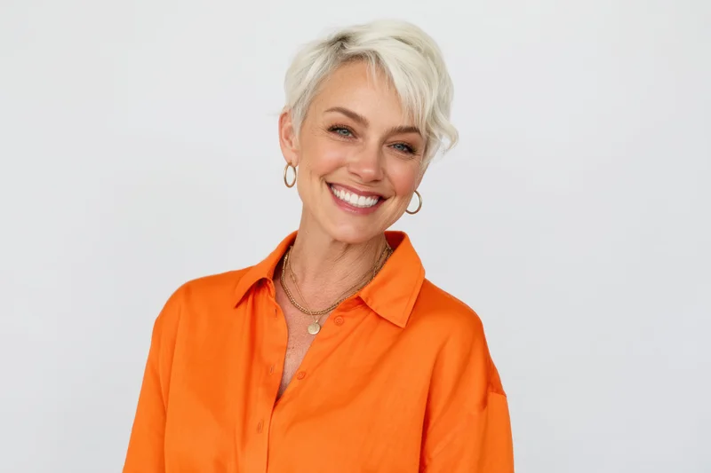 Smiling woman with short platinum blonde hair wearing orange shirt and gold jewelry in studio portrait
